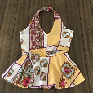 Venus Retro Mod belted halter top S Floral 60s 70s peplum groovy party club